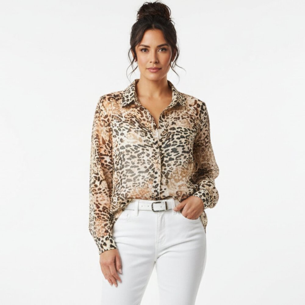Bailey 44 Tan & Brown Animal‎ Print Long Sleeve Button Up Blouse Top XL